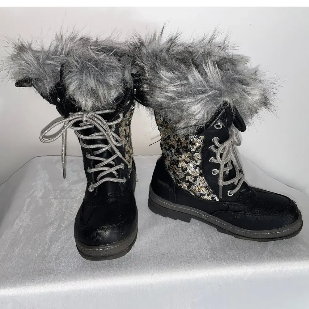 Justice Winter Boots w/ Sequins & Faux Fur - Girl's Size 3M - Fabulous!‎